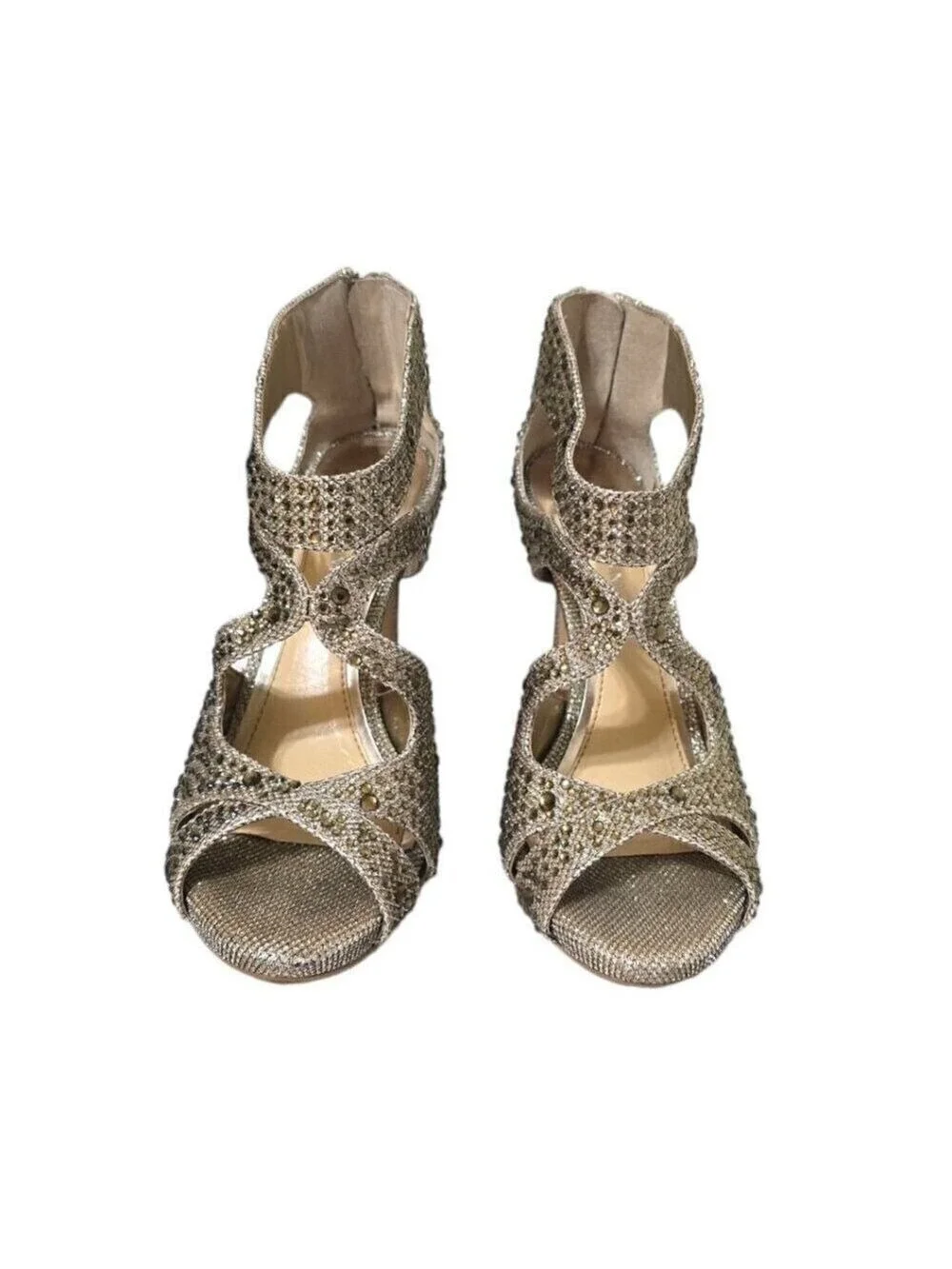 Gianni Bini Gold Flame042 Rhinestone Open Toe Stiletto Heels Sz 8